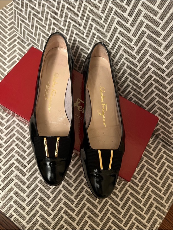 Salvatore Ferragamo Shoes - Salvatore Ferragamo Black Patent Leather Loafers with Gold Hardware